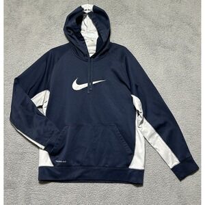 Nike Hoodie Mens L Blue Therma Dri-Fit Pullover Fleece Sweatshirt Center Swoosh